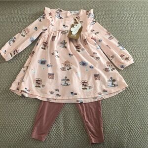 Angel Dear Pink Tea Party Long Sleeve Dress with Dusty Rose Leggings